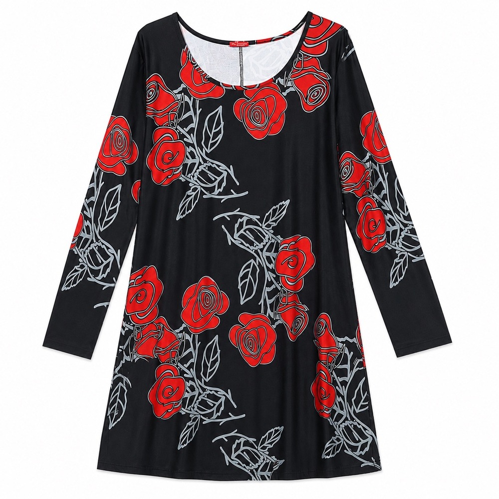 Simply Aster Rose Print Swing Dress Black Red Plus‎ Size 4X